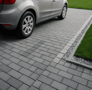 Parkplatz mit markierten Pflastersteinen für Autos