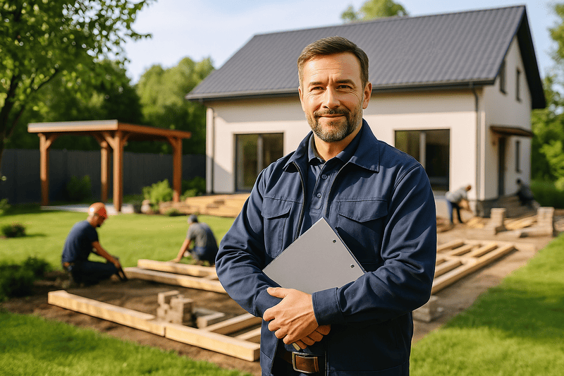 Ein polnischer Handwerker in eleganter Kleidung steht lächelnd vor einem Haus mit Garten während Renovierungsarbeiten – PolenDeals.de Partneraufnahme.