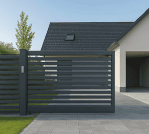 Schiebetor aus Polen – moderne, seitlich verschiebbare Einfahrtstor aus Metall mit stabilem Fundament und Einzäunung.