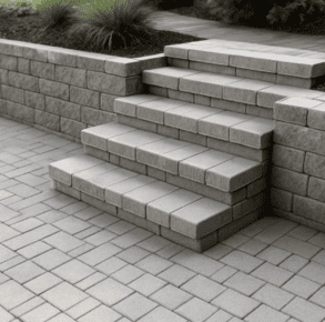 Außentreppen aus Pflastersteinen, integriert in den Garten
