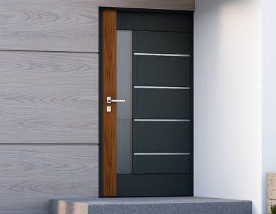 Moderne Außentür in Anthrazit mit Holzseitenteil und Glas – polendeals.de