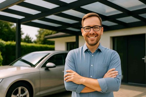 Zufriedener Kunde steht vor einem modernen Carport aus Polen – PolenDeals.de