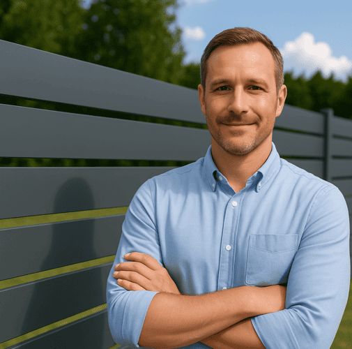 Zufriedener Mann steht vor einem modernen Aluminiumzaun in Grau – hochwertige Zaunlösung aus Polen