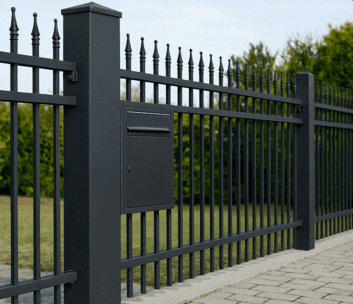 Aluminiumzaun in Anthrazit vor Einfamilienhaus mit Briefkasten – moderne und langlebige Lösung aus Polen