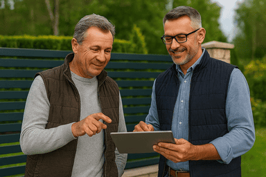 Polnischer Experte berät deutschen Kunden vor einem modernen Zaun – persönliche Beratung durch polendeals.de
