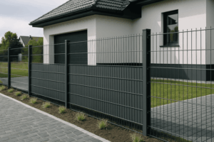 Doppelstabmattenzaun mit grauen Pfosten und Sichtschutz – modernes Grundstück in Deutschland