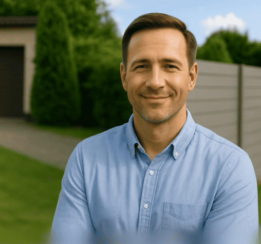 Zufriedener Kunde steht vor einem modernen Betonzaun – PolenDeals.de