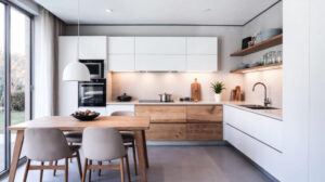 Moderne Maßküche mit Kochinsel und Holzfronten von einem polnischen Hersteller