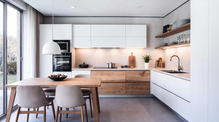 Moderne Maßküche mit Kochinsel und Holzfronten von einem polnischen Hersteller