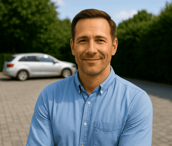 Zufriedener Kunde steht vor einem gepflasterten Parkplatz – PolenDeals.de