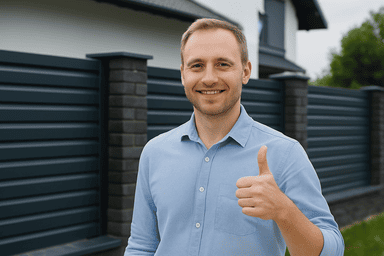 Zufriedener deutscher Kunde steht vor einem modernen Zaun aus Polen – vermittelt über PolenDeals.de