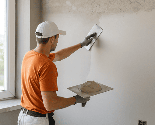 Putzarbeiten aus Polen – professioneller Handwerker verputzt Innenwand mit grauem Putz, moderne Baustelle