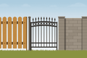 Digitale Illustration im Vergleich: Holzzaun, Metallzaun und Betonzaun nebeneinander dargestellt