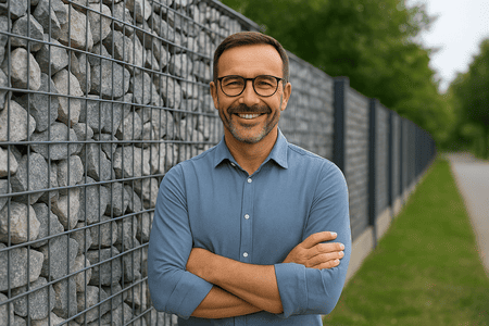 Zufriedener Kunde steht vor einem hochwertigen Gabionenzaun – PolenDeals.de