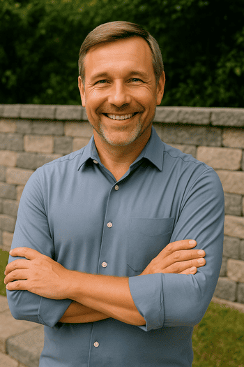 Zufriedener Kunde steht vor frisch gepflasterter Gartenmauer – hochwertige Pflasterarbeiten aus Polen – PolenDeals.de