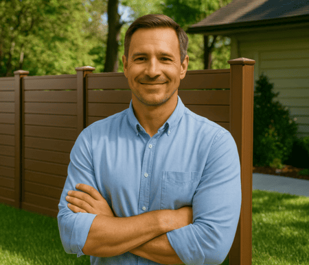 Zufriedener Kunde vor einem modernen WPC-Zaun – polendeals.de