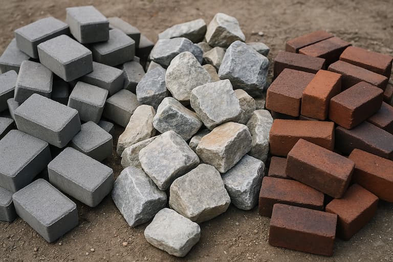 Vergleich von Betonsteinen, Naturstein und Klinker auf einer Baustelle als Beispiel für passende Pflastermaterialien aus Polen