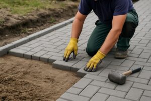 Arbeiter verlegt Pflastersteine in einer Einfahrt, Beispiel für korrekte Pflasterarbeiten aus Polen