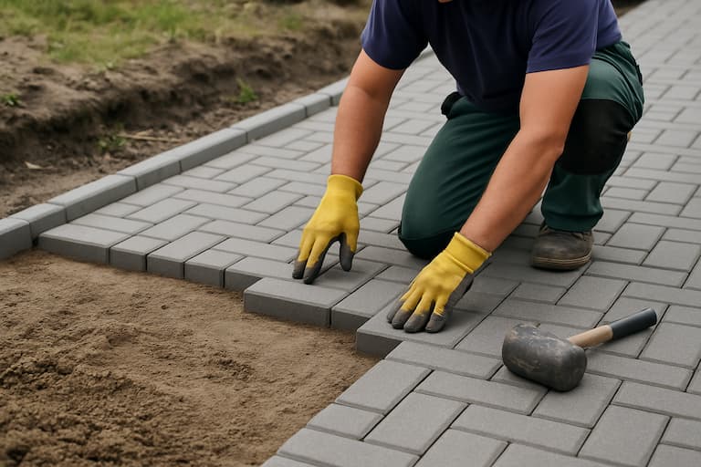 Arbeiter verlegt Pflastersteine in einer Einfahrt, Beispiel für korrekte Pflasterarbeiten aus Polen
