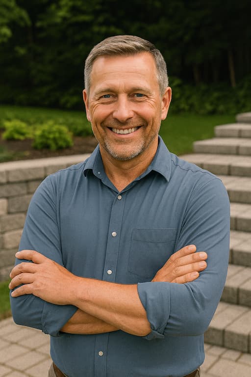 Zufriedener deutscher Kunde steht vor Betontreppe – polendeals.de