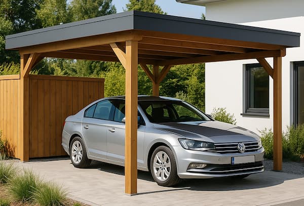 Moderner Holz Carport neben Einfamilienhaus mit geparktem Auto – polendeals.de