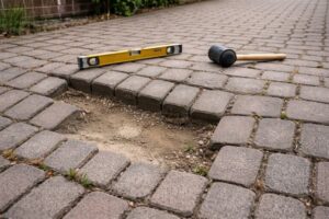 Abgesackte Einfahrt mit unebenem Pflaster und Wasserwaage als Beispiel für typische Fehler bei Pflasterarbeiten aus Polen