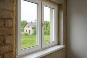 Neu eingebautes weißes Kunststofffenster mit Blick ins Grüne – fenster aus polen polendeals.de