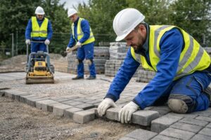 Gutes Pflasterteam bei der Arbeit auf einer Baustelle in Deutschland, Beispiel für professionelle Pflasterarbeiten aus Polen