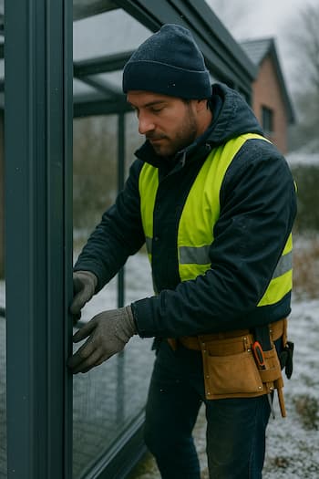 Handwerker montiert Glas am Wintergarten, Aluminiumprofil und Warnweste, winterliche Baustelle im Garten - polendeals.de