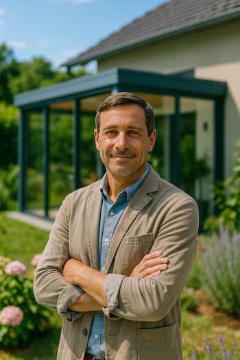 Zufriedener Kunde aus Deutschland vor modernem Sommergarten im Sommer, Glas und Aluminiumprofile, Garten im Hintergrund - polendeals.de