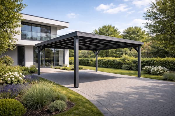 Moderner Metallcarport aus Polen vor zeitgemäßem Wohnhaus mit Einfahrt und Garten – polendeals.de