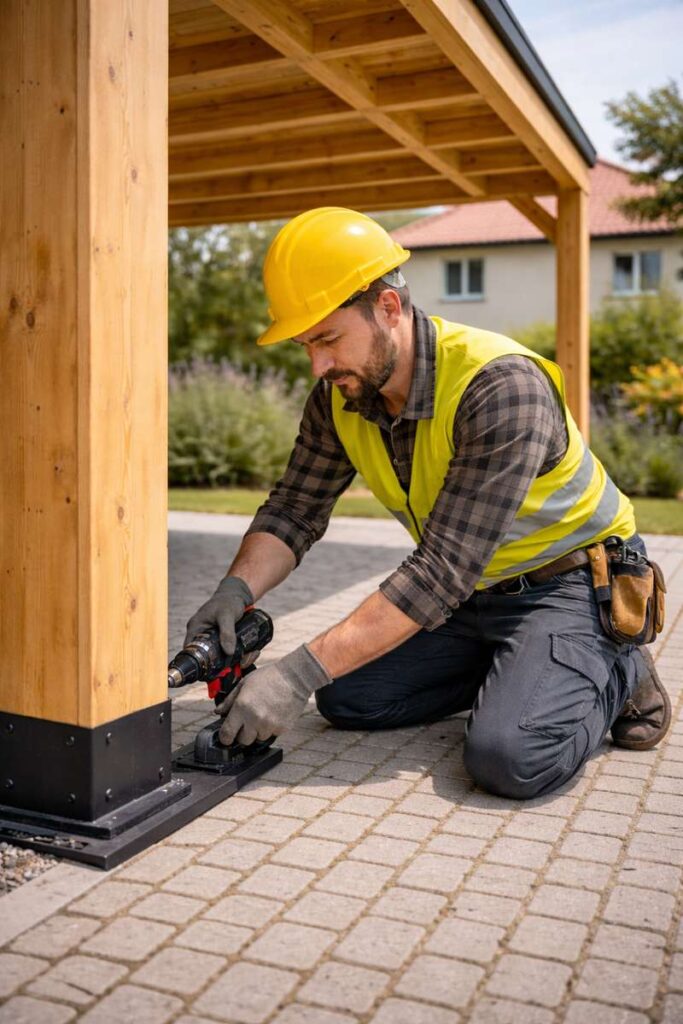 Handwerker bei der Montage eines Holzcarports aus Polen mit Schraubverbindung am Pfosten - polendeals.de
