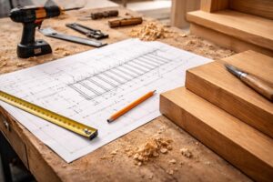 Technische Planung einer Holztreppe auf Werkbank mit Maßband und Eichenstufen – Vergleich Treppenbau Polen und Deutschland - polendeals.de