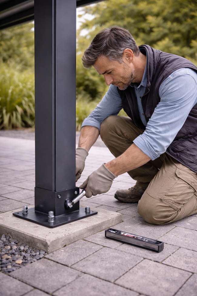 Monteur befestigt Metallcarport Pfosten am Fundament mit Bodenanker aus Polen