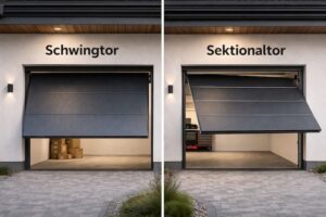 Vergleich Schwingtor und Sektionaltor an moderner Garage – Technik und Öffnungsweise im Alltag – polendeals.de