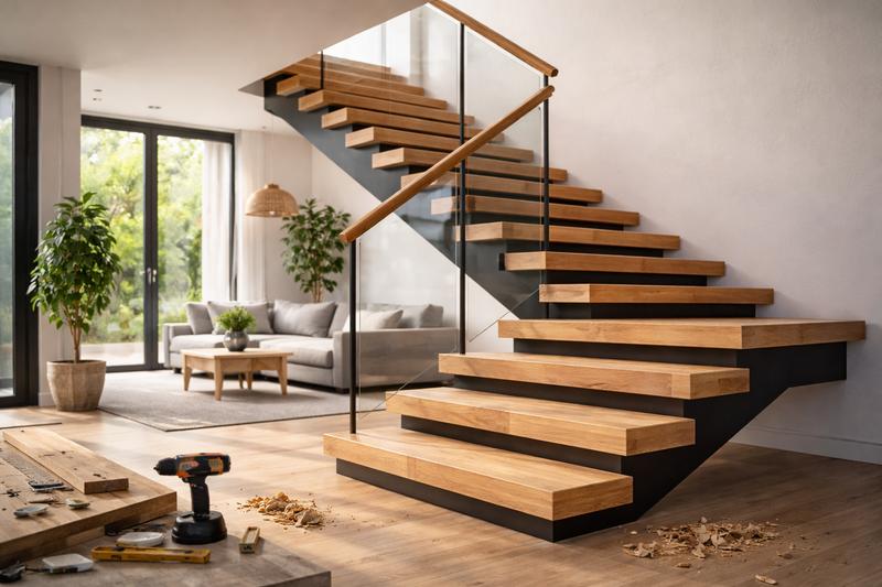 Moderne Holztreppe aus Polen mit Stahlkonstruktion in einem Einfamilienhaus – Maßanfertigung und hochwertige Verarbeitung - polendeals.de