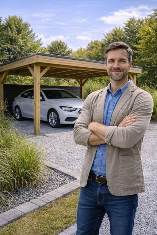 Zufriedener Kunde vor modernem Einzelcarport aus Polen - polendeals.de