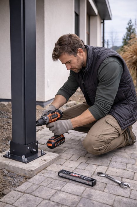 Fachmann montiert Einzelcarport aus Polen am Fundament - polendeals.de