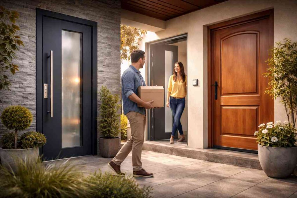 Moderne Haustüren aus Polen an einem Einfamilienhaus mit natürlicher Alltagsszene - polendeals.de