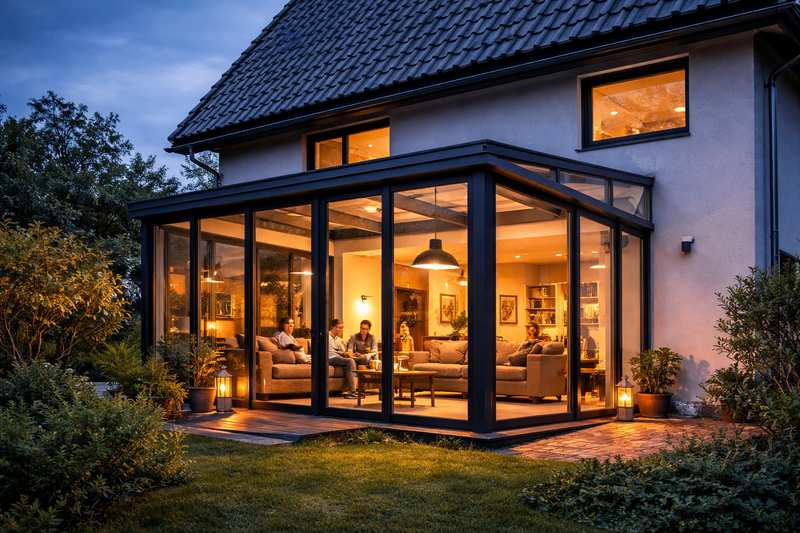 Moderner Wohnwintergarten am Einfamilienhaus mit Beleuchtung am Abend – realistisches Beispiel