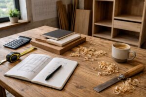 Möbel nach Maß Planung in einer Holzwerkstatt mit Materialien und Werkzeugen – polendeals.de