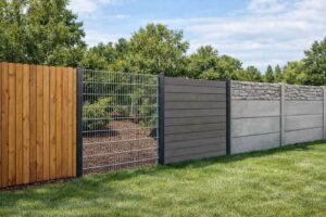 Holz Metall WPC und Beton Zaun im direkten Vergleich auf einem Grundstück – polendeals.de