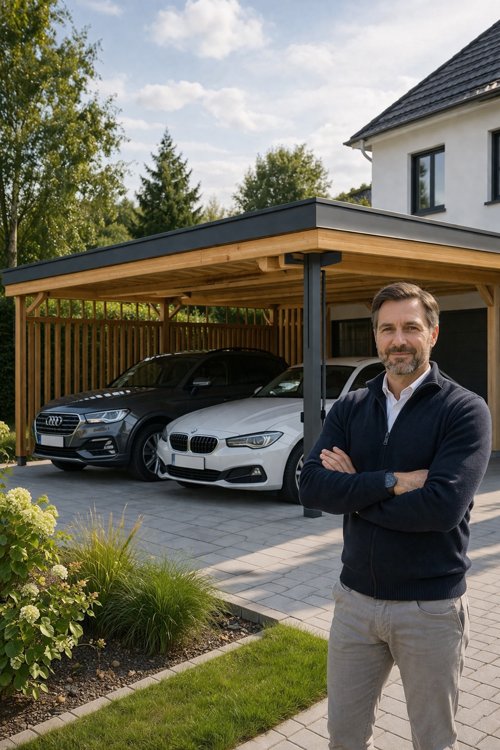 Doppelcarport aus Polen mit zwei Autos und zufriedener Kunde – polendeals.de