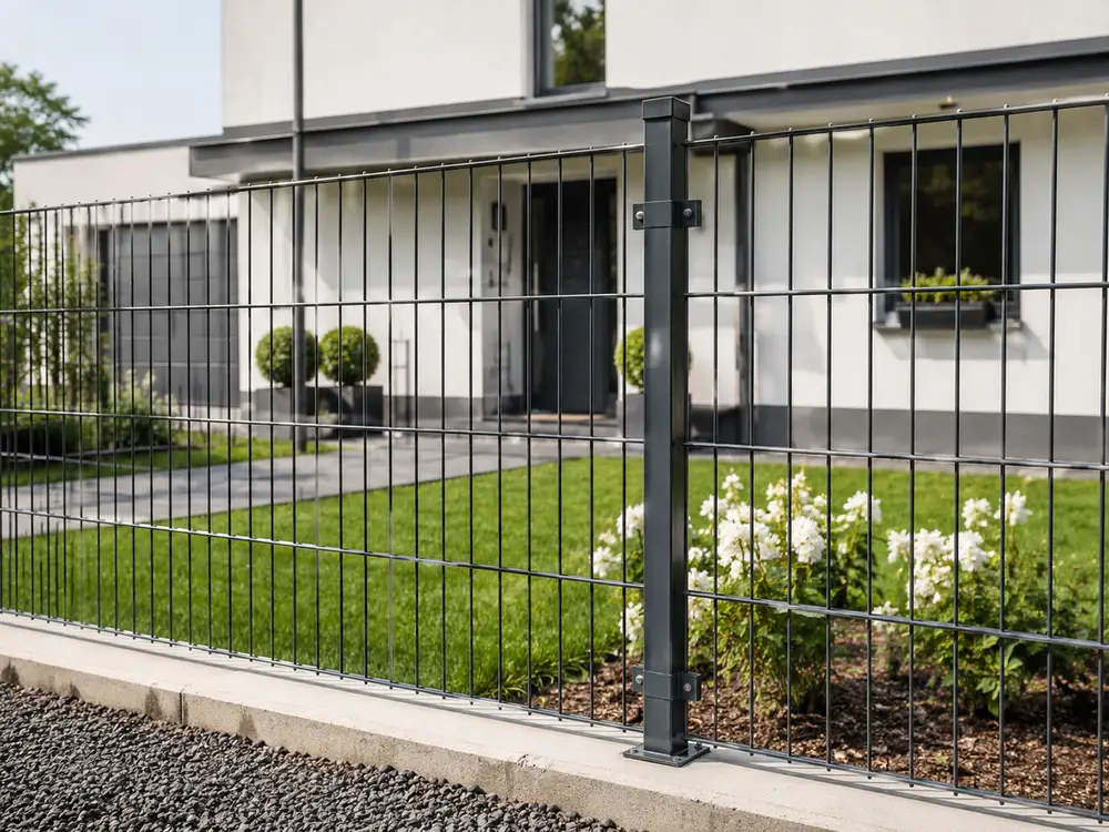 Anthrazitfarbener Doppelstabmattenzaun vor einem modernen Einfamilienhaus