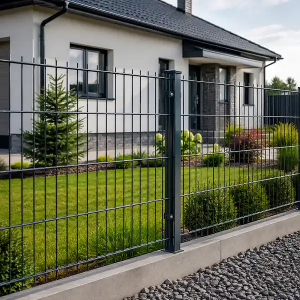 Moderner anthrazitfarbener Doppelstabmattenzaun aus Polen vor einem gepflegten Einfamilienhaus mit Garten.