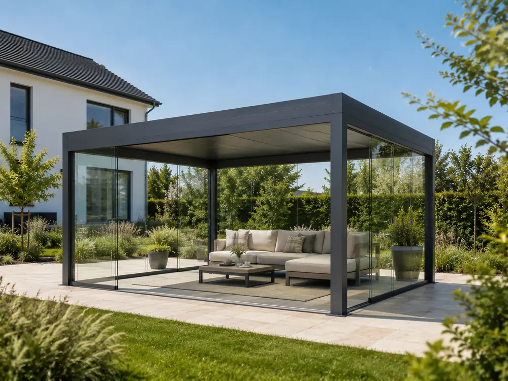 Freistehende Aluminium-Pergola mit rahmenlosen Glasschiebetüren im modernen Garten
