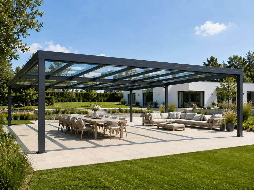 Große freistehende Aluminium-Pergola mit Glasdach über Essbereich und Gartenlounge