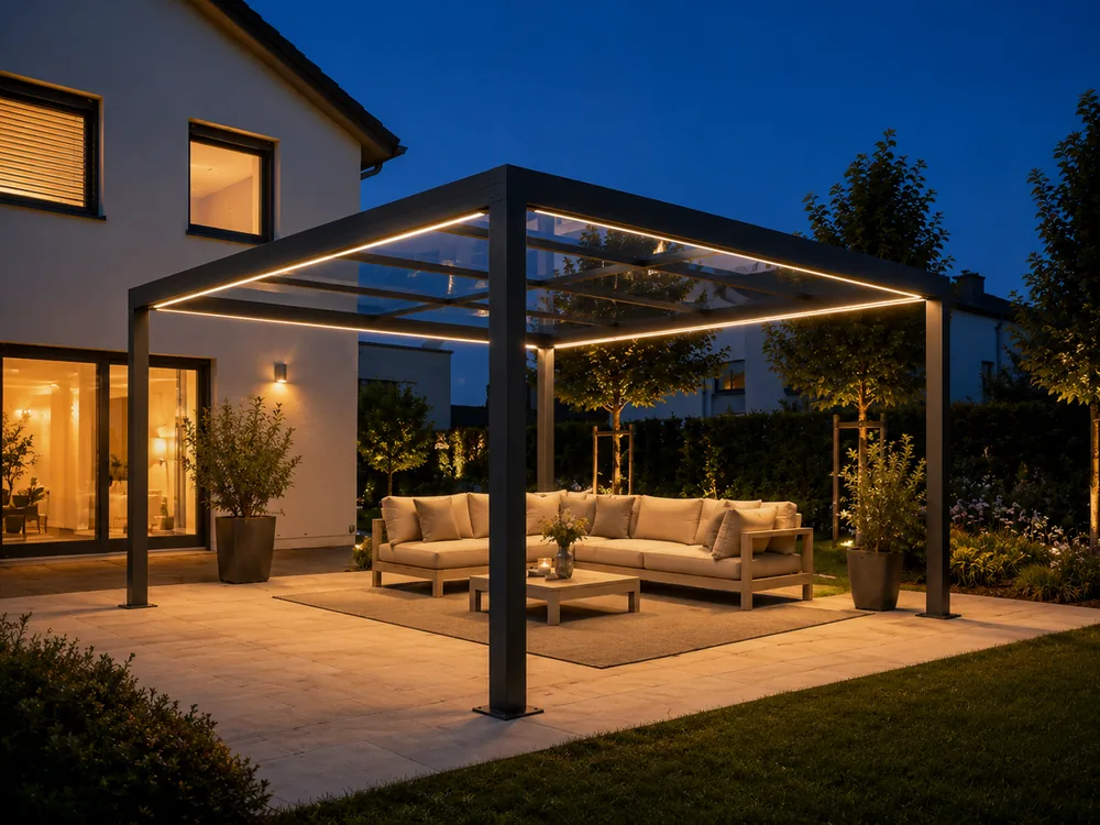 Freistehende Aluminium-Pergola mit Glasdach und warmer LED-Beleuchtung am Abend
