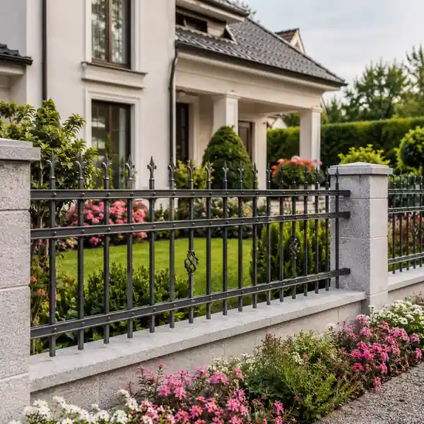 Stilvoller Metall-Gartenzaun aus Polen vor einem gepflegten Einfamilienhaus mit blühendem Vorgarten.