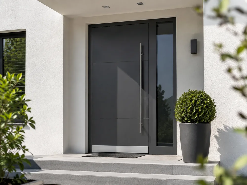Moderne anthrazitfarbene Aluminium-Haustür an einem weißen Einfamilienhaus